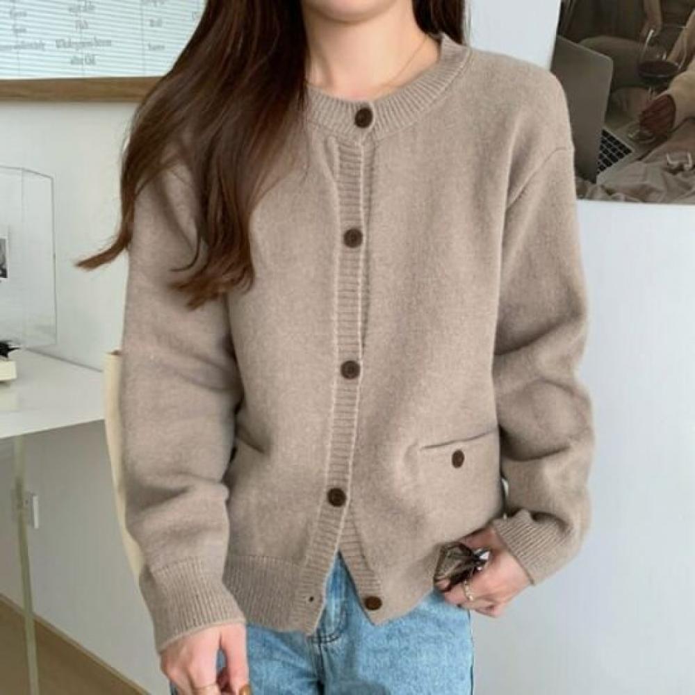 Navava Simple Daily Solid Round Neck Long Sleeve Knit Cardigan Nk3131