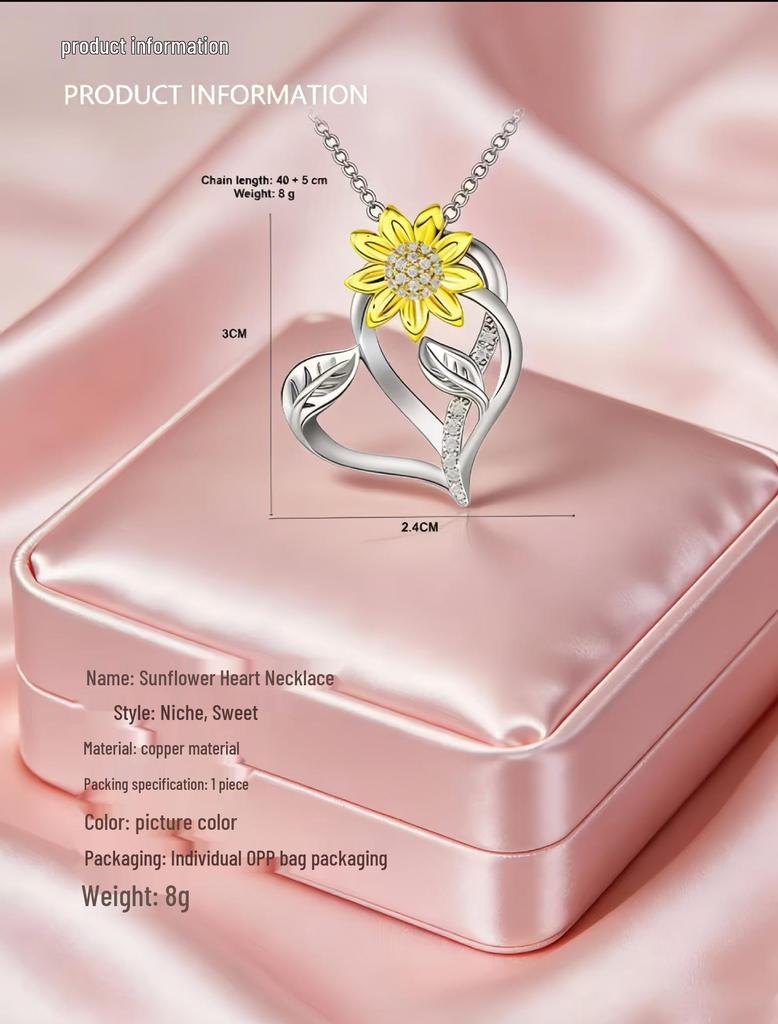 Sunflower Heart-Shaped Zircon Necklace - Women's Spring 2026 Light Luxury Jewelry