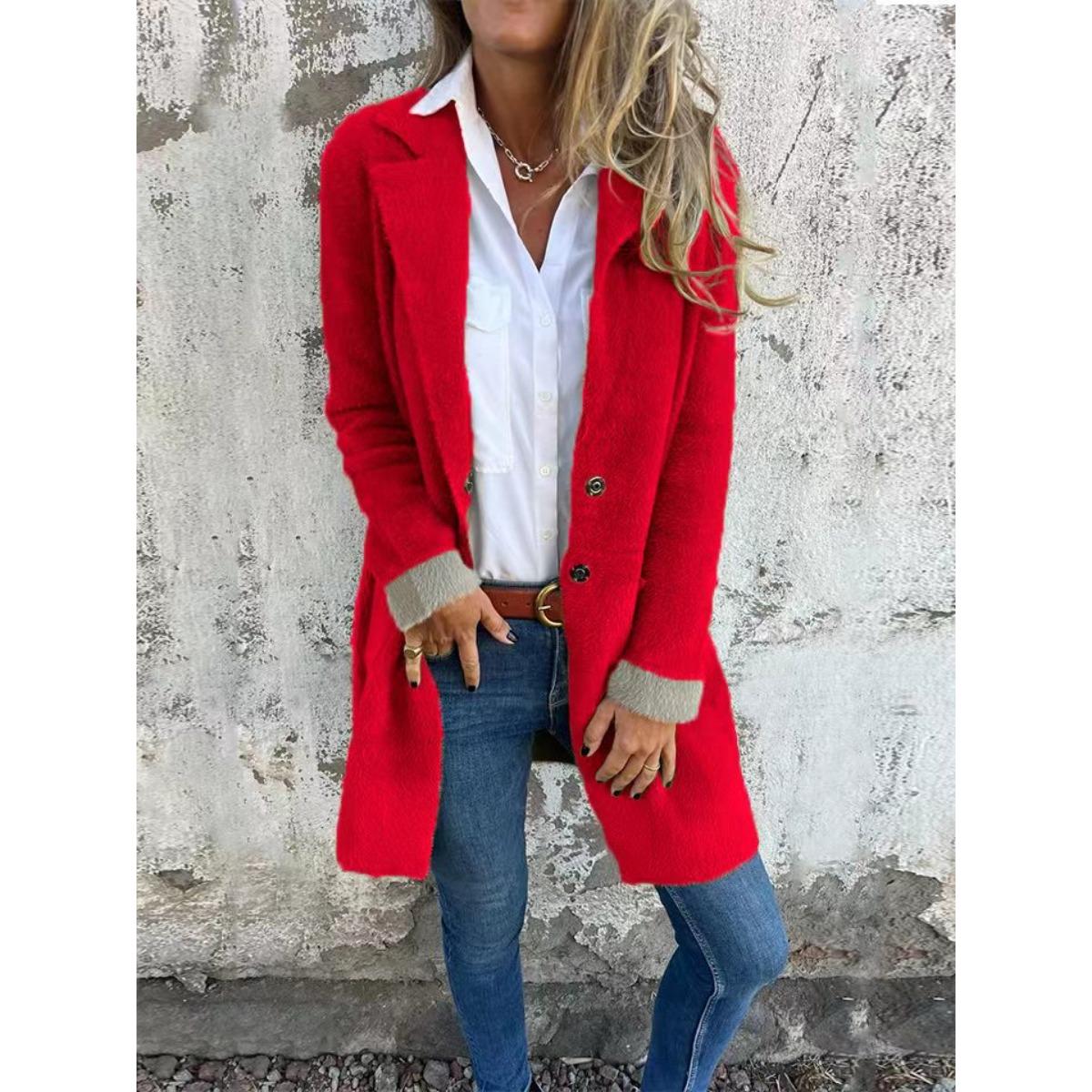 

Осень Зима 2025 Новинка Женский кардиган с лацканами и карманами Однобортное флисовое пальто средней длины 5XL красный