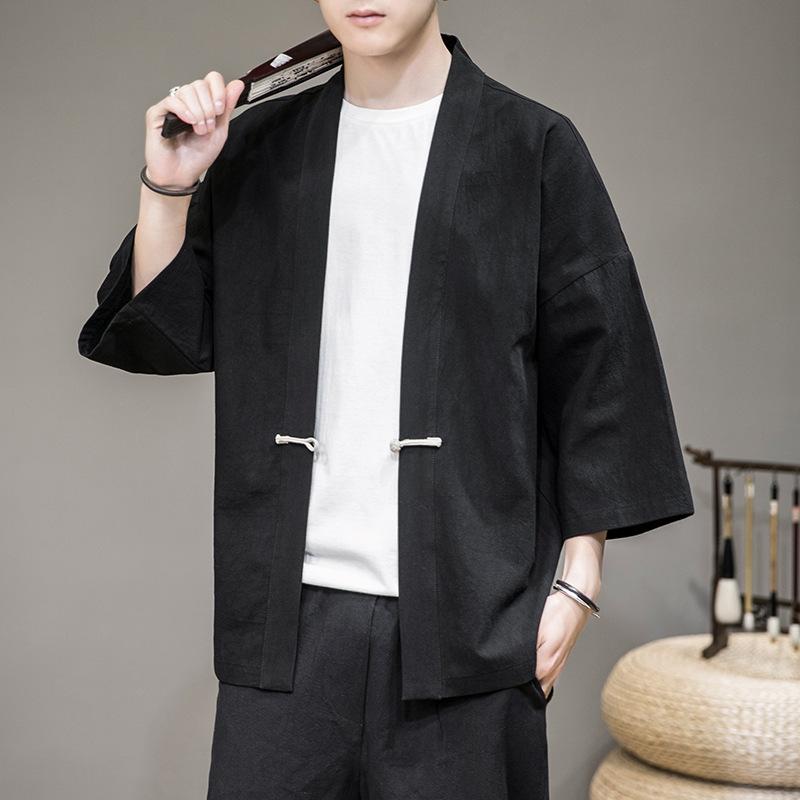 Costume Disc Buckle Hanfu Men Chinese Style Cotton Robe Cardigan Jacket Oversized Kimono Ancient Coat Male