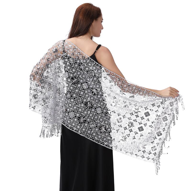 50*180cm with Fringed Women's Sparkling Sequin Lace Deco Scarf, Shawl Wraps For Evening Dress Mesh Shawls Capes For Party