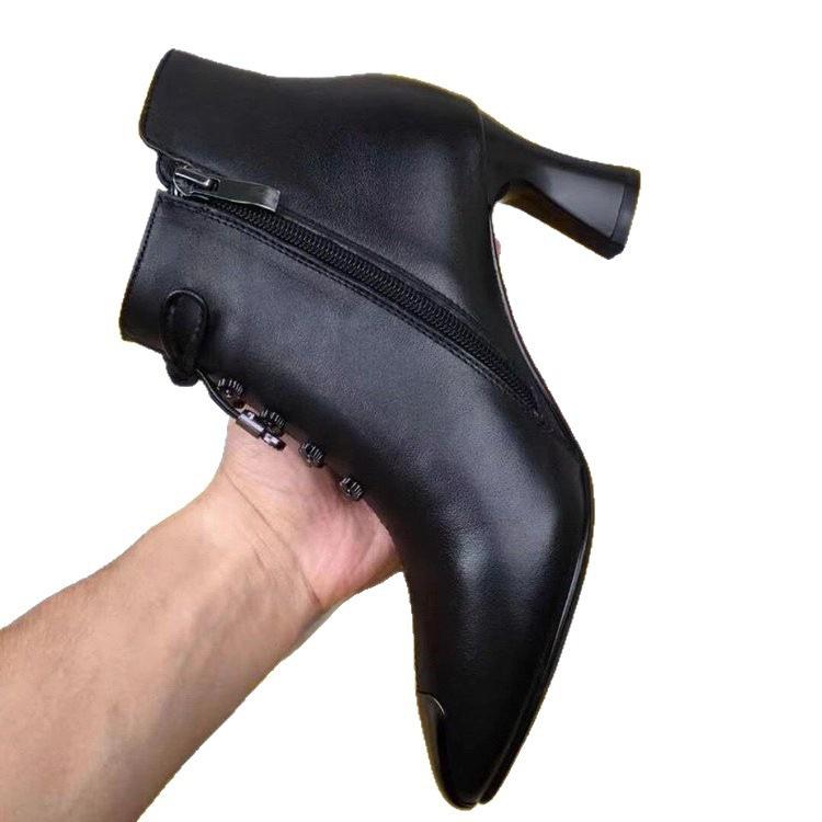 Winter velvet pointed thick heel short boots new boots comfortable soft-soled boots warm leather shoes
