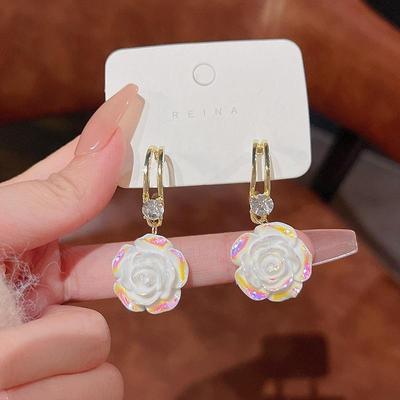 French Acrylic Print Flower Dropping Earrings for Women White Temperament Camellia Earring Fashion Geometric C Designs Stud Earrings