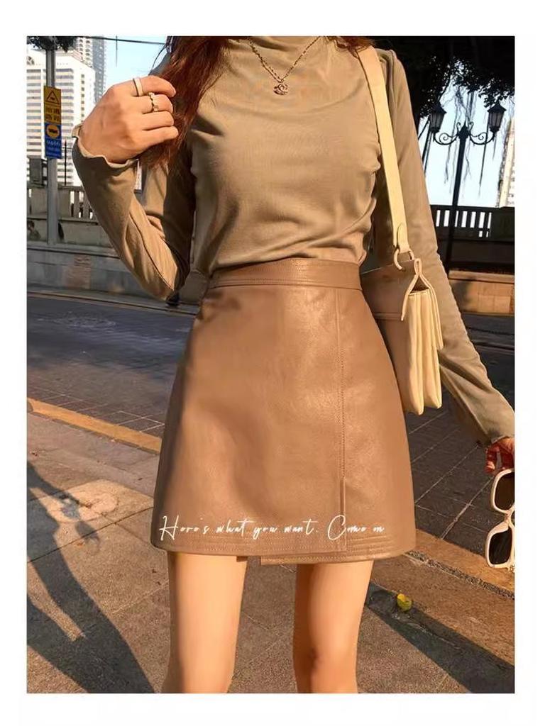 Damen A-Linien Minirock aus PU-Leder mit hoher Taille, Kaffeefarben, Herbst/Winter 2024