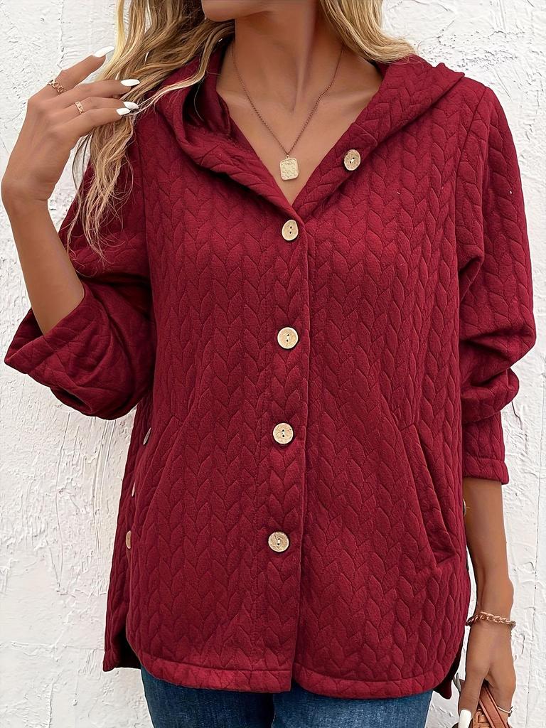 2023 Autumn/Winter Women's Solid Color Hooded Button-Down Long Sleeve Jacket