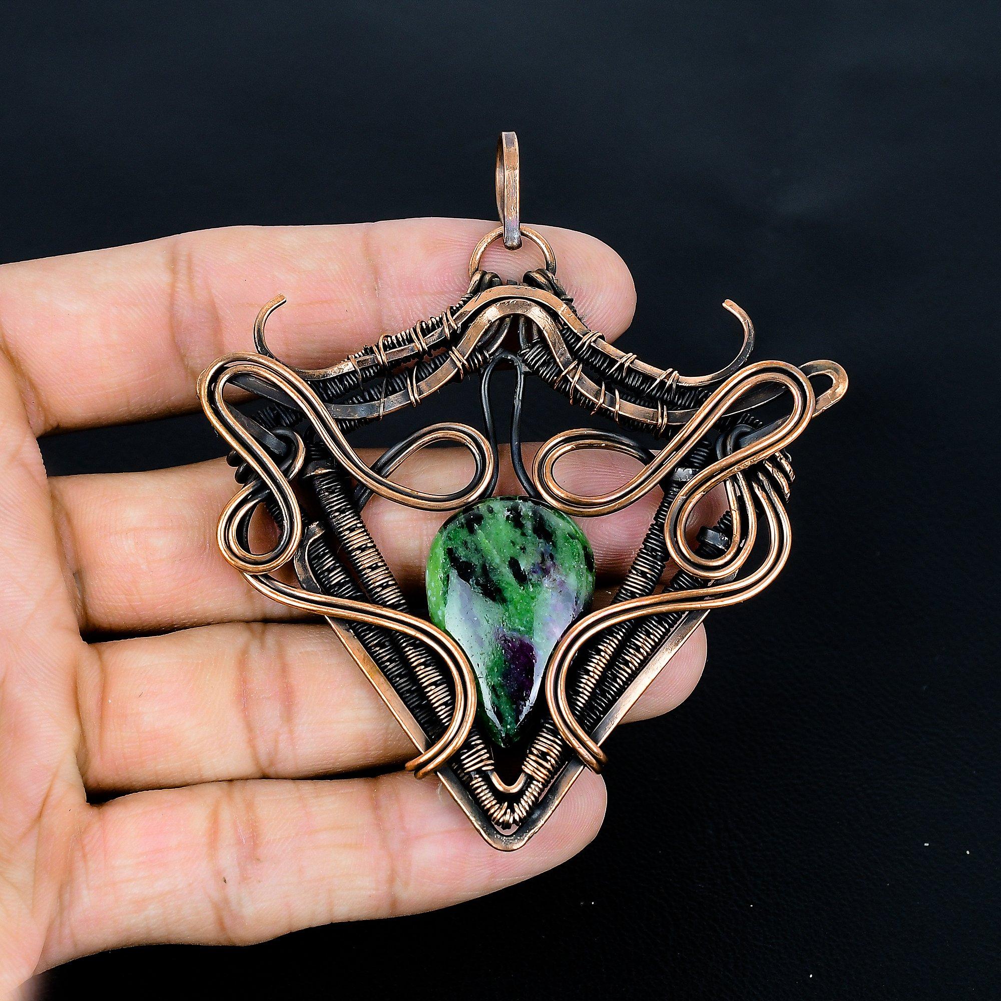 

Ruby in Zoisite Pendant, Handmade Gemstone 999 Copper Wire Wrap Pendant Antique Jewelry, For Gift Copper Jewelry 2.55 Inches