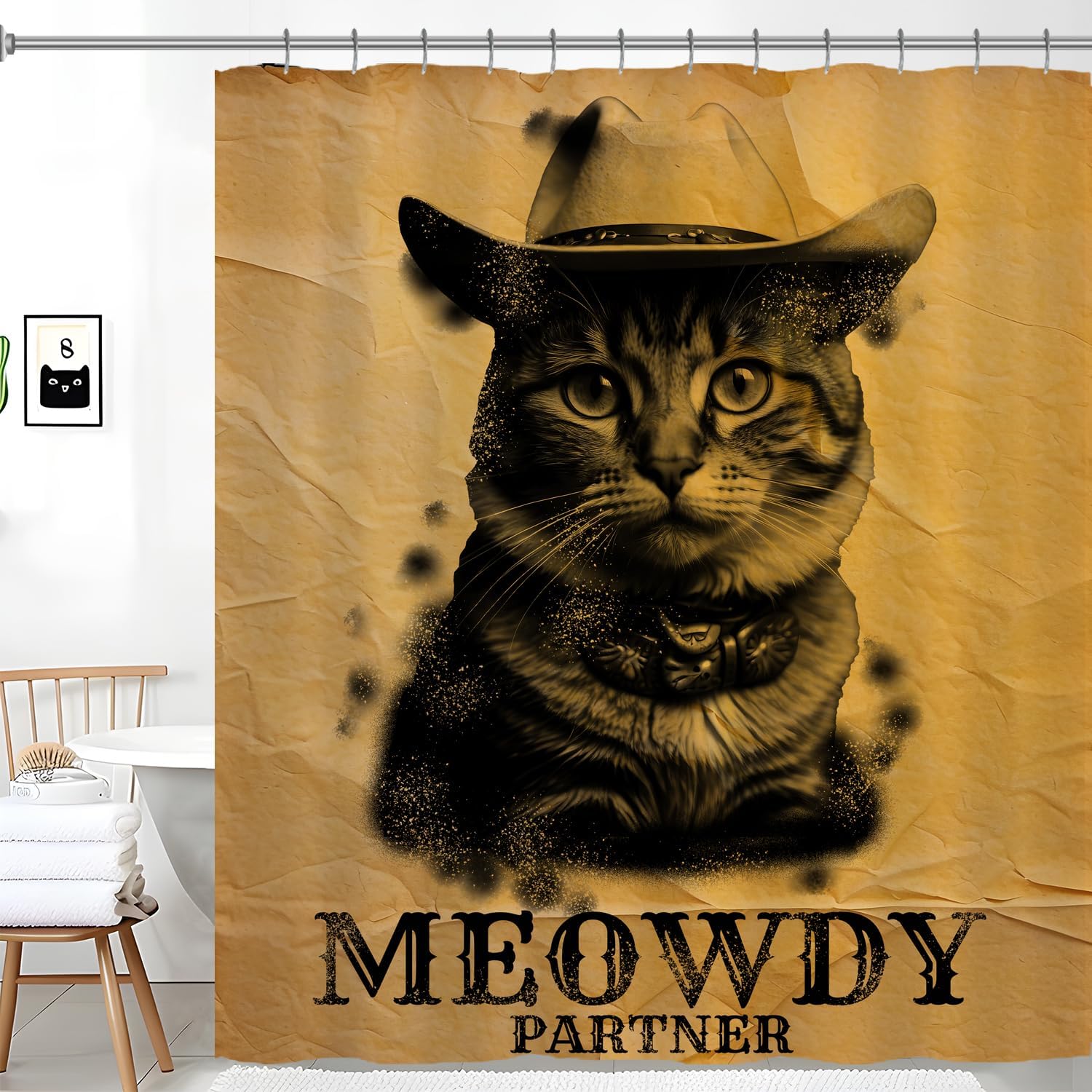 

Funny Cowboy Cat Shower Curtains, Cool Meowdy Partner Cat Shower Curtain, Fun 72 x 72 Inch Western Style Hat Cat Shower Curtains 90x180cm
