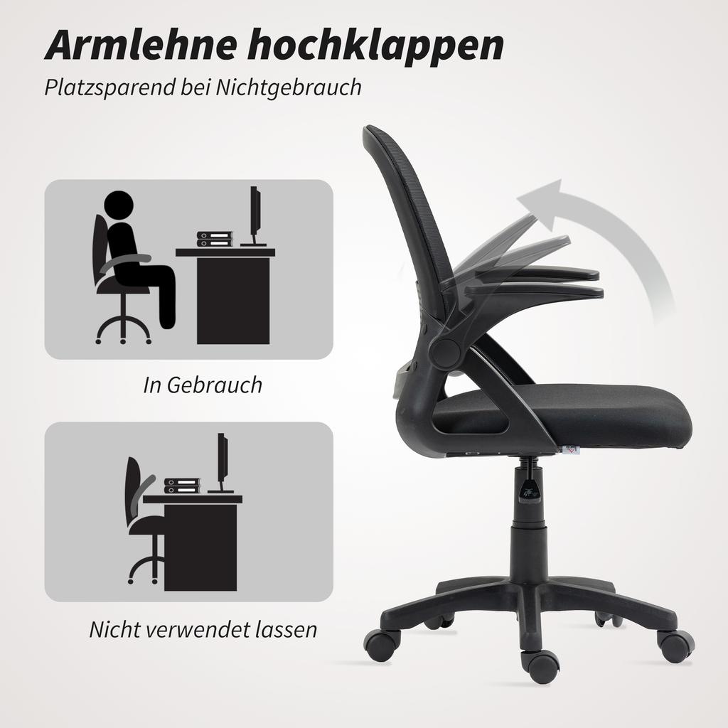 Breathable Mesh Office Chair, Ergonomic Swivel Chair with Folding Armrests and Lumbar Support, Black