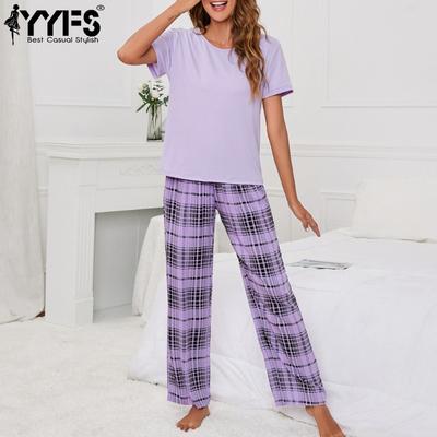 Women's Fashion Casual Summer Spring Plaid Print Short Sleeve O-Neck Trousers Pants Suits