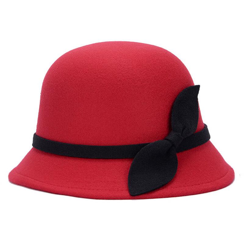 Women's Retro Wool Felt Hat with Leaf Bow
