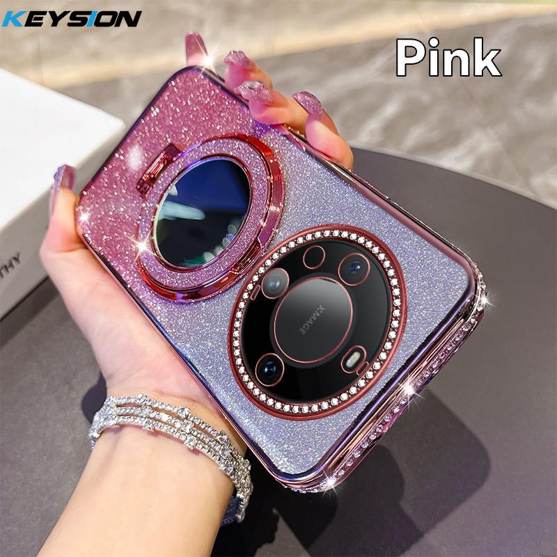 

KEYSION Luxury Glitter Jewelled Magnetic Phone Case for Huawei Mate 60 Pro 50 Pro 40 Pro Makeup Mirror Stand Shockproof Cover for Huawei Mate 40 розовый