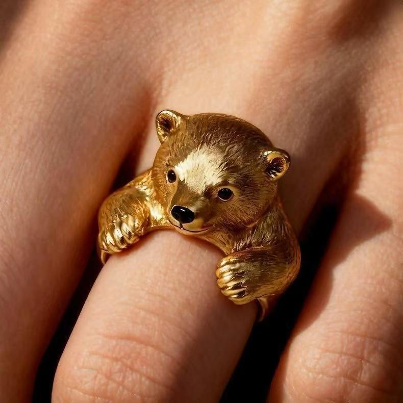 E56F Einzigartiger 3D-Umarmungsbären-Designring Stilvoller Fingerring Legierungstextur Modernes Statement-Stück Geeignet für den täglichen Gebrauch brown