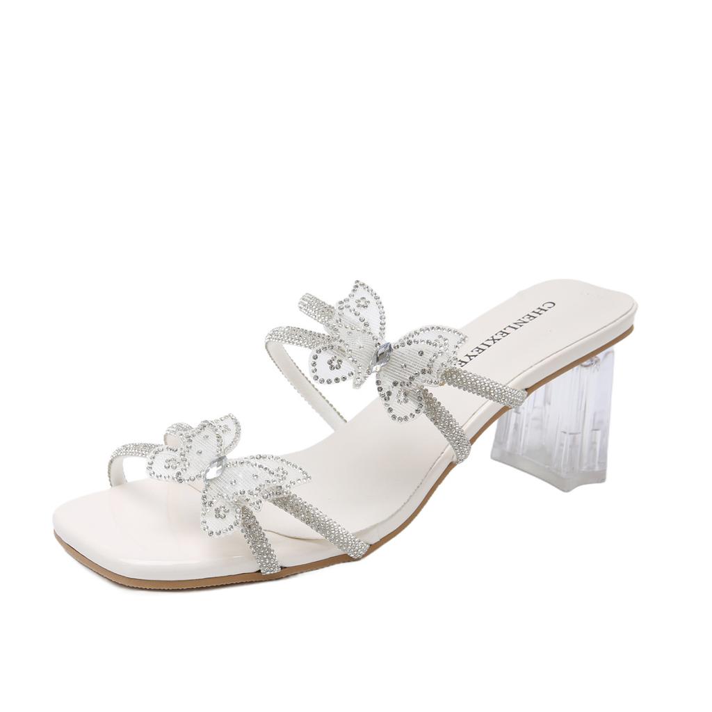 French Thick-heeled Slippers Women's Summer Skirt 2025 New Bow Rhinestone High Heels Casual Open-toed Slippers