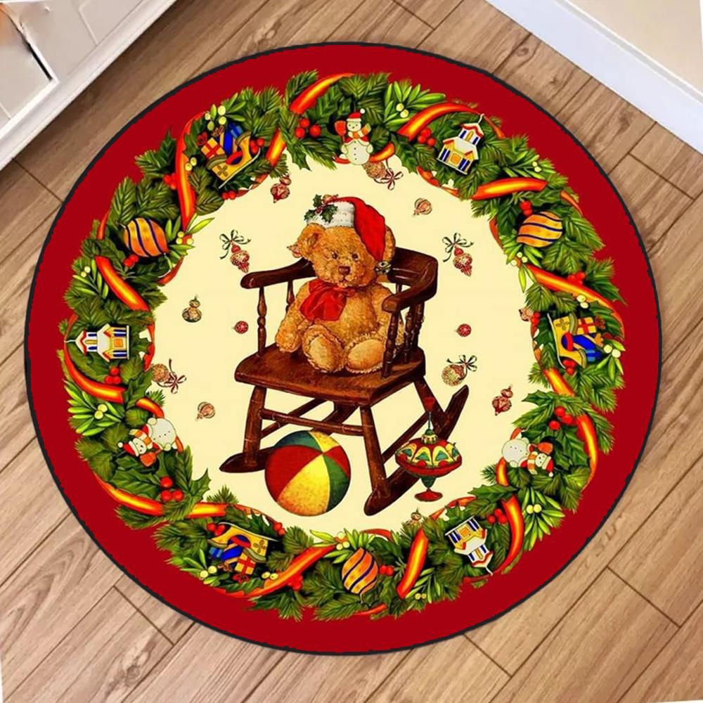 Christmas Teddy Bear Round Rug Non Slip Wear Resistant Living Room Bedroom Children's Room Holiday Decorative Floor Mat