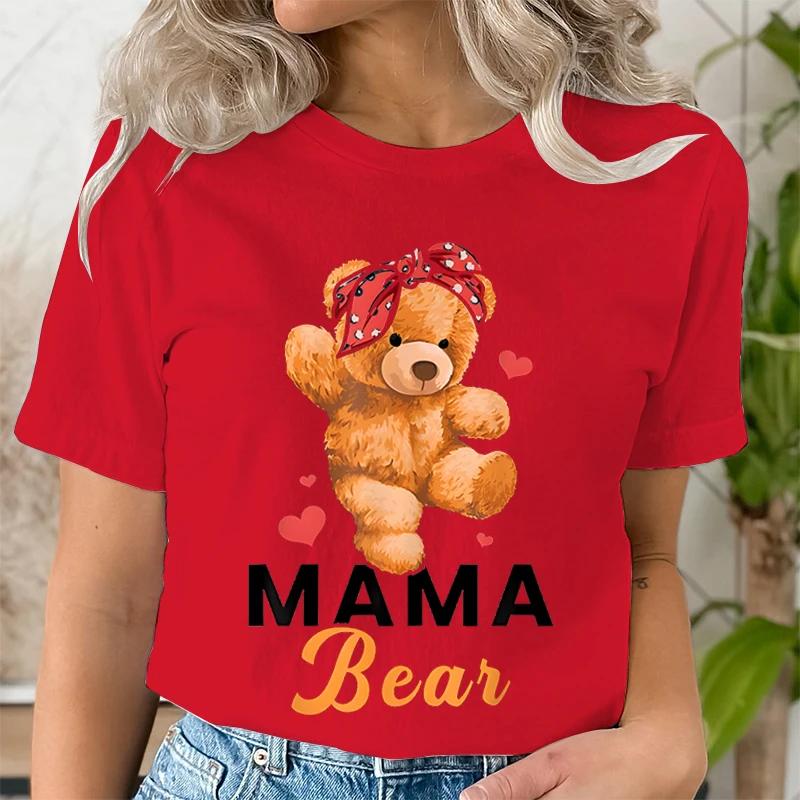 Teddy Mama Bear Graphic T Shirts Women Cartoon Bear Lover Graphic Tee Cute Teddy Mom Printed Women Tshirt Cartoon Classic Tops