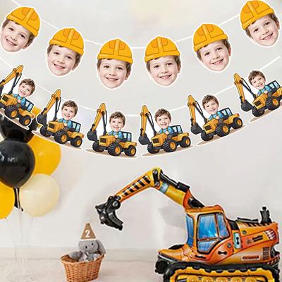6Pcs/12pcs Birthday Customizable Portrait Digger Tractor Hard Hat Pattern Banner Children Birthday Parties Cute Banner Decor