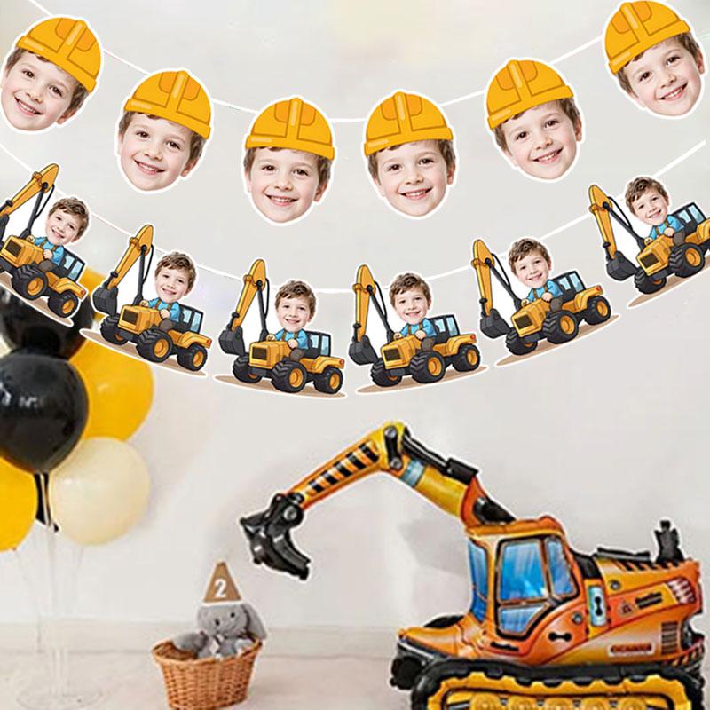 6Pcs/12pcs Birthday Customizable Portrait Digger Tractor Hard hat Pattern Banner Children Birthday Parties Cute Banner Decor
