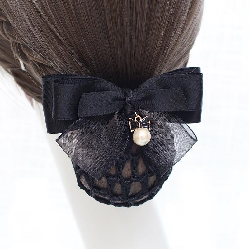 Vocational Nurse Head Flower Mesh Pocket Hairpin Silk Yarn Pearl Pendant Bow Stewardess Bank Disc Hair