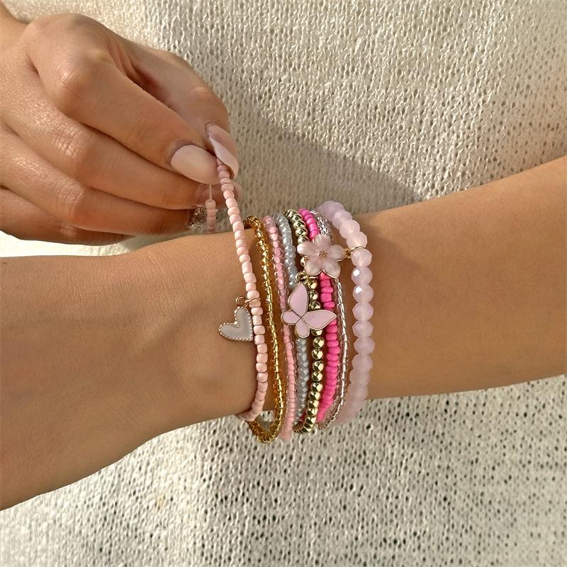 9pcs/set Bohemian Butterfly Flower Pendant Bracelet for Women Handmade Rice Beads Stacked Bracelet Summer Beach Party Jewelry
