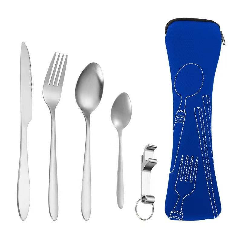 Tragbares Edelstahl-Besteckset - 5-teiliges Reisebesteck mit Messer, Gabel, Löffel und kleinem Löffel für Camping & Outdoor