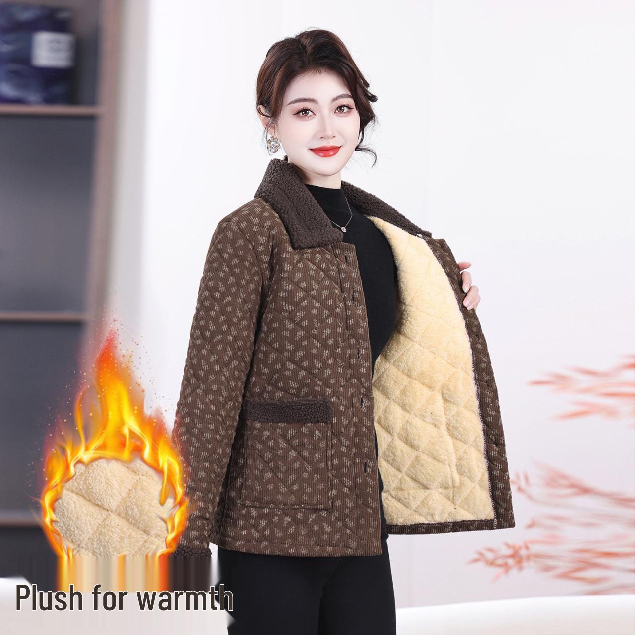

Mom s Plus Velvet Spring Jacket - Women s Large Size Loose Fit Cotton Lapel, Three-Layer Thickened for Middle-Aged & Elderly 4XL