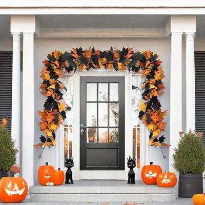 Halloween Artificial Maple Leaves Wreath Pumpkin Vine Hanging Decor for Front Door Party Table Fireplace Halloween Decoration
