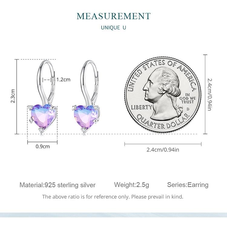 BAMOER 925 Sterling Silver Blue and Purple Gradual Changing Glass Heart Hoop Earrings for Women Sweet Romantic Jewelry