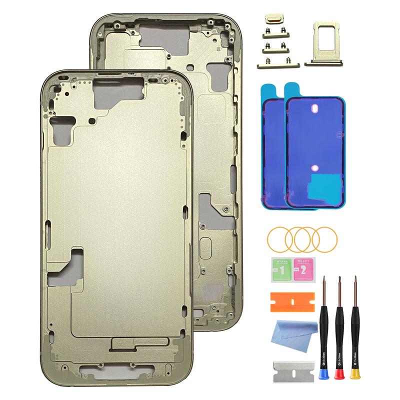 Back Housing for iPhone 15 (6.1-inch) with Glass Rear Cover, Middle Frame, SIM Tray and Repair Tools