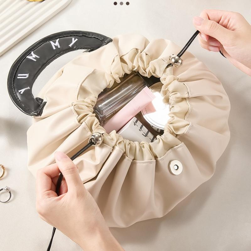 Convenient Lazy Makeup Organizer for Travel/Work Large Capacity Waterproof Drawstring Closure 1-Second Foldable No-Spill Design