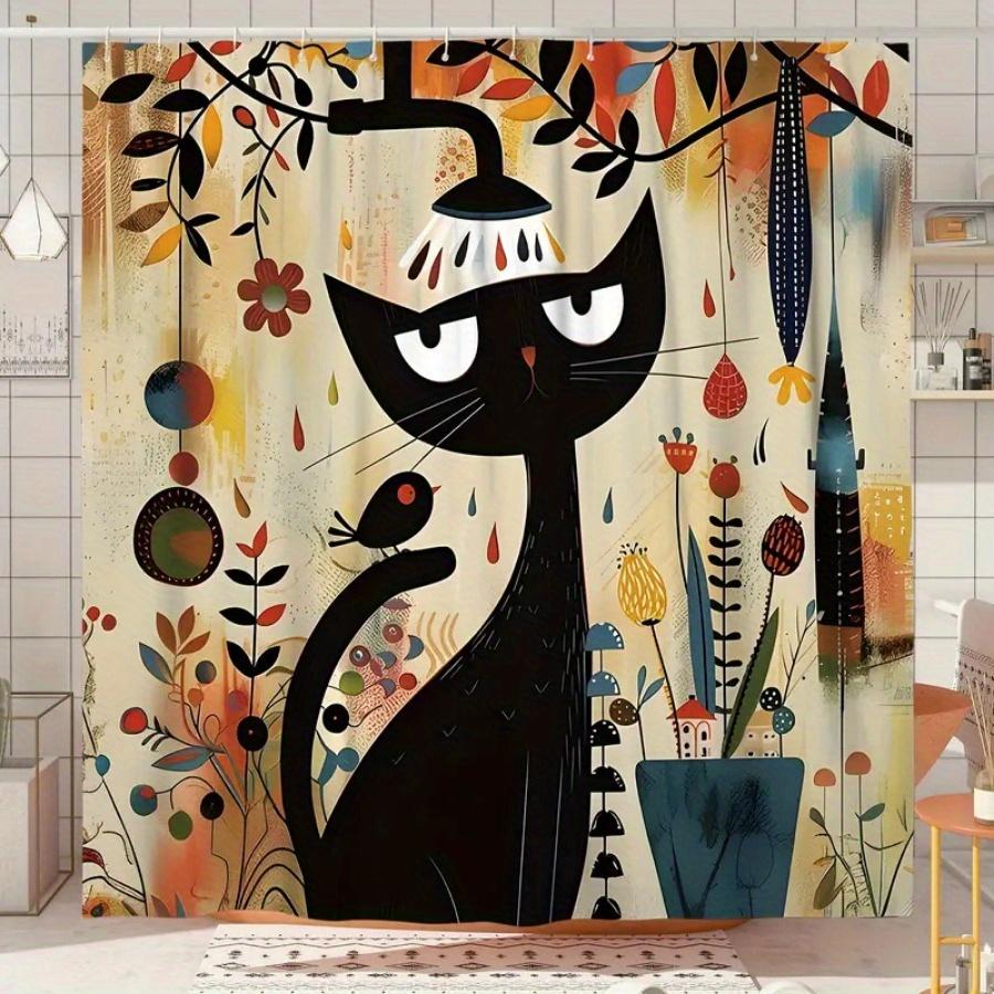Whimsical Black Cat Waterproof Shower Curtain - Colorful Garden Design, High-Quality Fabric, Durable and Stylish