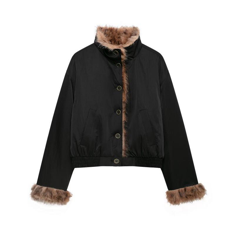 PBZA Womens Reversible Faux Fur Jacket Fall Winter Fashion Stand Collar Outerwear