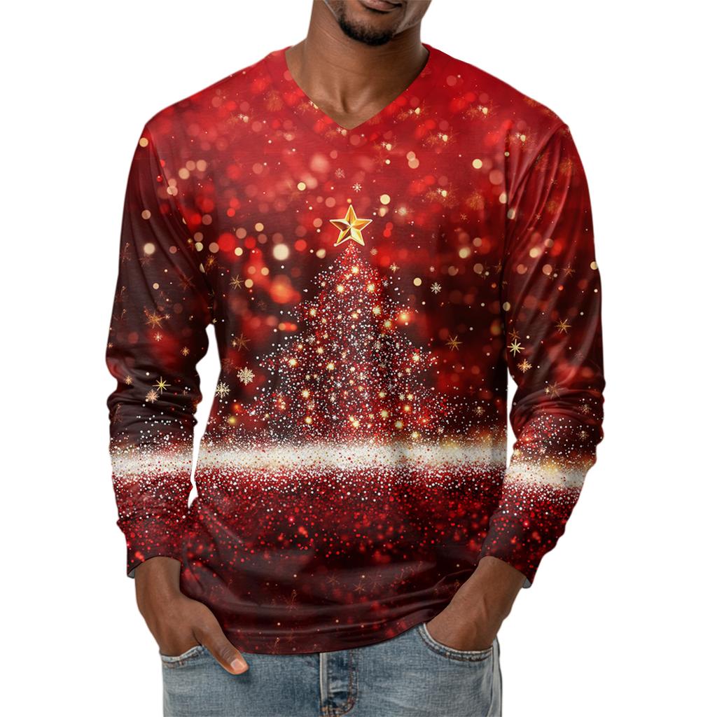 Men's Fashion Printed V-Neck Casual Long-Sleeved T-Shirt Bottoming Shirt Top