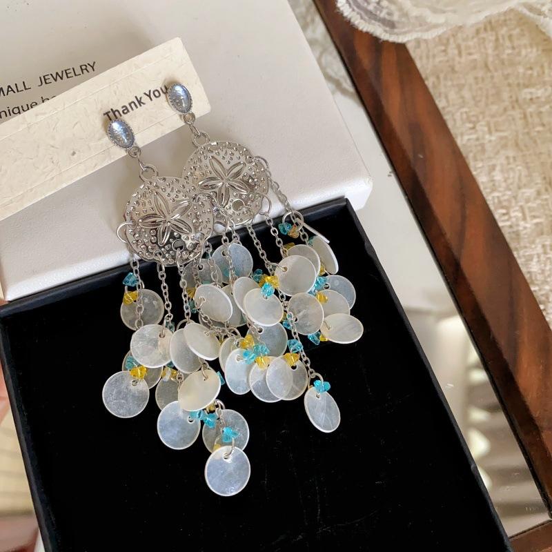 Retro Silver Shell Flake Fringed Earrings Bohemian Long Stud Earrings Exaggerated Earrings