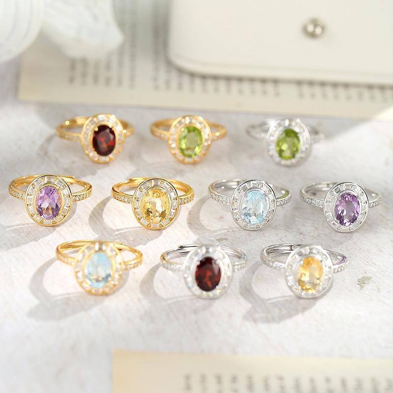 Classic S925 Sterling Silver Ring, Oval Natural Crystal & CZ Adjustable Band for Ladies