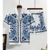 Hawaiianisches Hemd Set Herren 3D Gedruckt Blau Weiß Porzellanmuster Sommer Mode Lässig Täglich Übergroßes Hemd+Shorts 2-teiliges Set