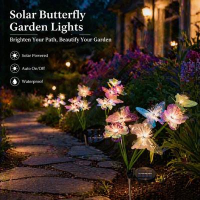 2PCs Warm White Colorful Solar Butterfly Flower Stake Lights Light Sensing 6 8 10 Heads Floor Lamp DIY Outdoor Garden Pathway Decor Lamp