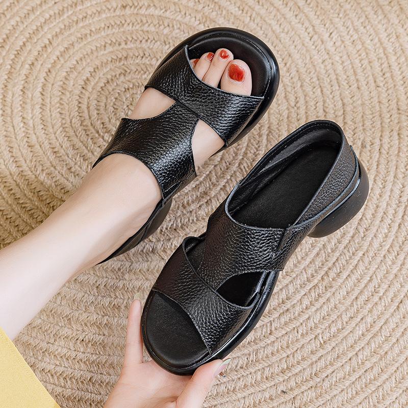 Zehensandalen mit Plateau und dickem Absatz, Damenleder, gekreuzte Riemen, Römersandalen, Sommer neu, Rock