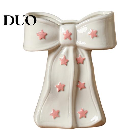 Dried Flower Holder Ceramic Bow Vase with Star, Decorative Flowers Vase, Creative Romantic Home Accessories Arrangement for Living Room Table