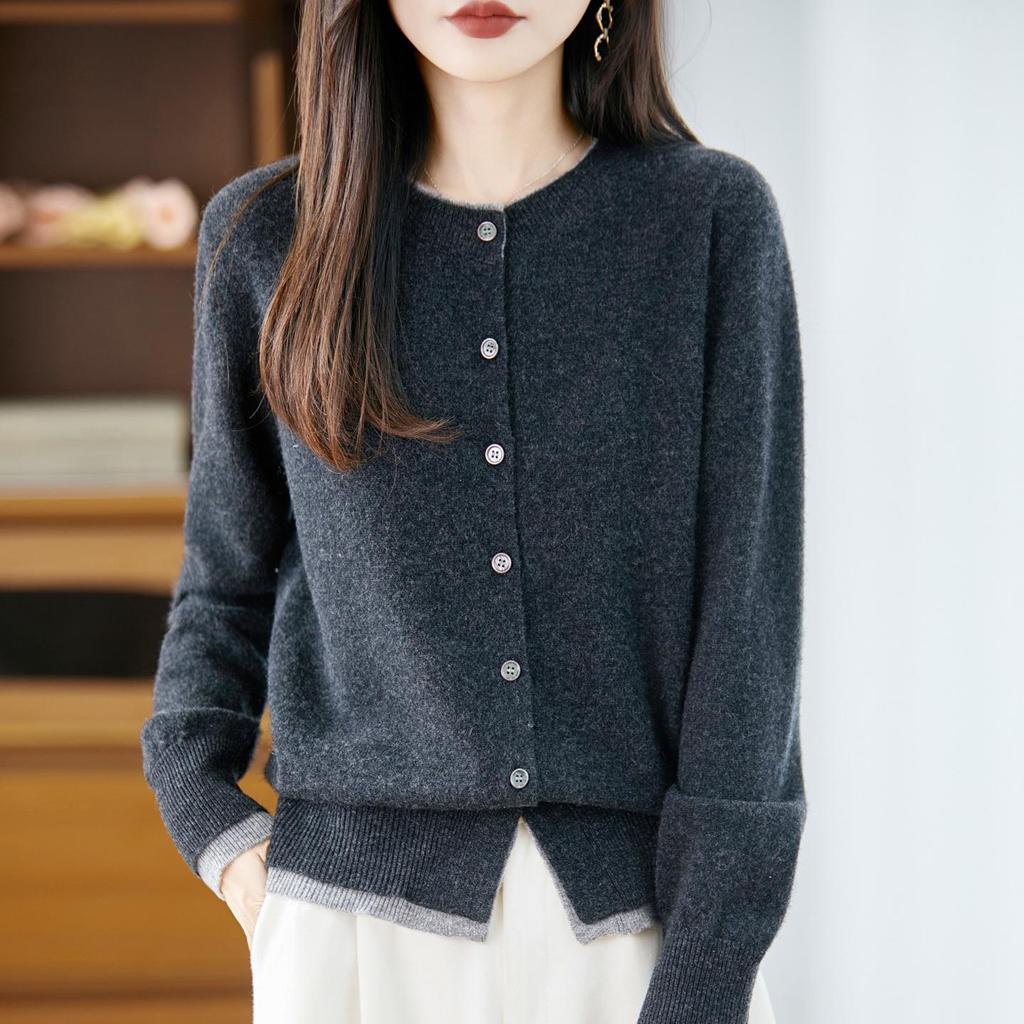 Women's Color Block Cashmere Wool Knit Cardigan Sweater - Loose Fit, Round Neck, Korean Style