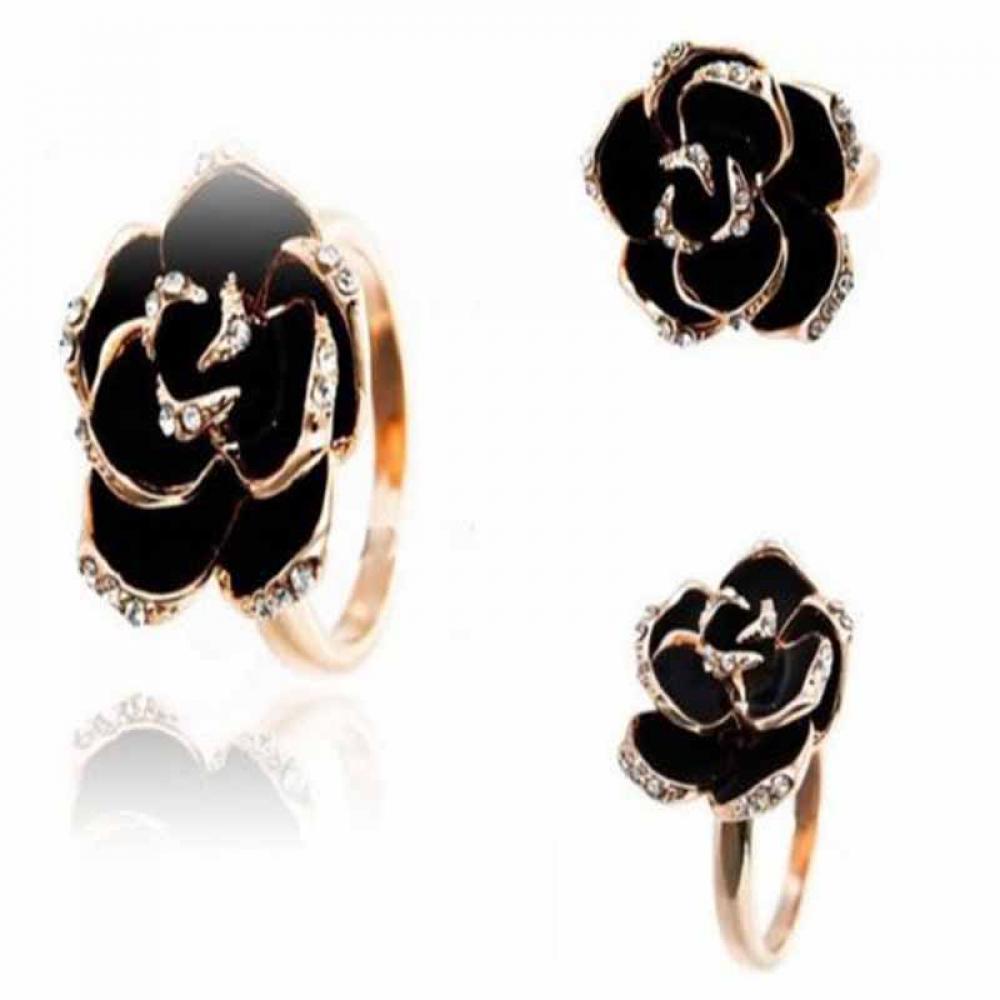 

Jewelry Women Crystal Rose Flower Ring Gold Adjustable Black