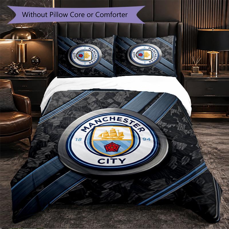 Manchester City Pattern 3 Pieces Bedding Set Soft Microfiber Duvet Cover with Pillow Cases for Bedroom