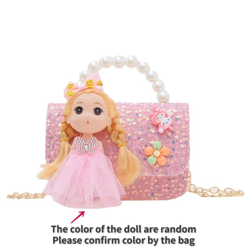 Cute Carto Doll Children's Shoulder Bags Fashi Pearl Handle Princess Girl Messenger Bag Sweet Novel Kid Change Purse Handbag