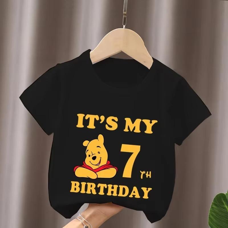 Winnie The Pooh Birthday Themed Printed Children's T-shirt Summer Pure Cotton Breathable Parent-child Outfit Short Sleeved