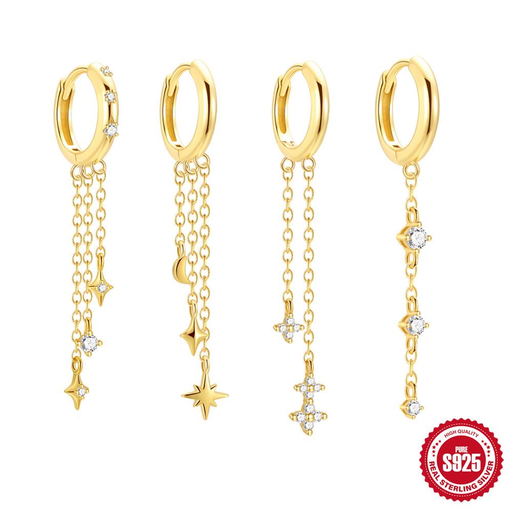 Factory Cheap 925 Sterling Silver Star Clover Zircon Long Tassel Chain Gold Plated Dangling Hoop Earrings for Women