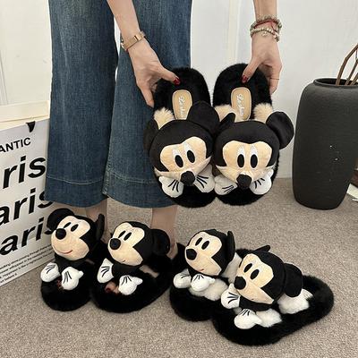 Cute Cartoon Mickey Cotton Slippers Women's 2025 New Autumn and Winter Indoor Home Warmth Fluffy Slippers Outer Wear Thick Bottom