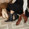 Cowhide Version French Leather Short Boots British Style Retro Old Martin Boots V-Mouth Thick Heel Thin Boots