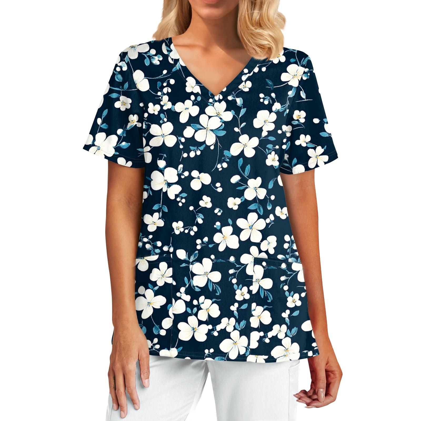 Women s Fashion Print Short Sleeve V Neck Pocket  Top S