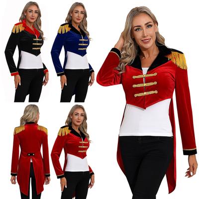 Damen Color Block Ringmaster Mantel S-3XL, Samt Frack Langarm Revers Zirkus Kostüm für Bühnenauftritt & Cosplay