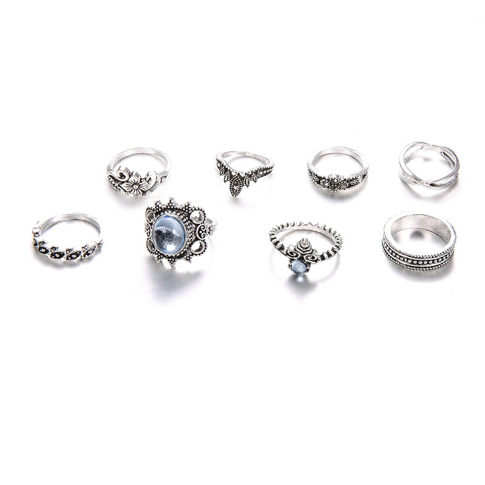 European and American vintage ethnic style lotus ring for the index finger joint8Set of gemstone rings