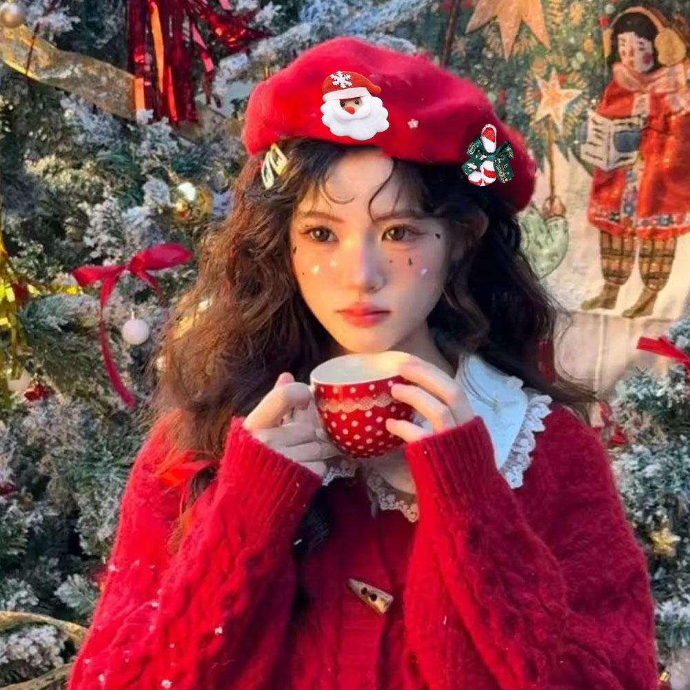 Christmas Wool Beret Hat Green Red French Beret Cap Winter Warm Beanie Cap Christmas Tree Headwear for Women Girls Party Costume